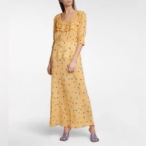 New! RIXO Belle Floral Silk Blend Maxi Dress Yellow Floral Gingham Small Size 6
